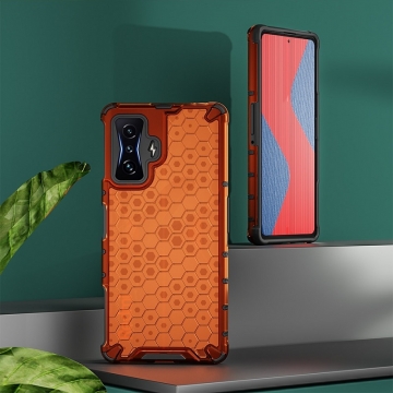 Чехол-накладка с рисунком в виде сот для смартфона Xiaomi Poco F4 GT / Xiaomi Redmi K50 Gaming, противоударный бампер, задняя панель из поликарбоната, рама из термополиуретана, сочетание жёсткости с гибкостью, дополнительная защита углов смартфона «воздушными подушками», накладка на кнопки регулировки громкости, чёрный + прозрачный, чёрный + серый, чёрный + красный, чёрный + синий, чёрный + зелёный, Киев, Київ