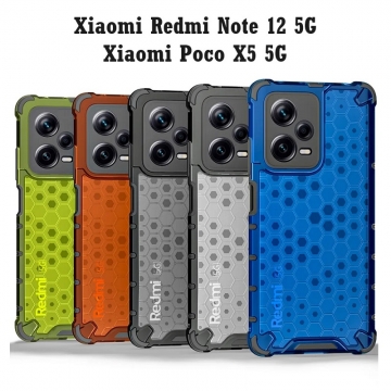 Чехол-накладка с рисунком в виде сот для смартфона Xiaomi Redmi Note 12 5G / Xiaomi Poco X5 5G, противоударный бампер, задняя панель из поликарбоната, рама из термополиуретана, сочетание жёсткости с гибкостью, дополнительная защита углов смартфона «воздушными подушками», накладка на кнопки регулировки громкости, чёрный + прозрачный, чёрный + серый, чёрный + красный, чёрный + синий, чёрный + зелёный, Киев, Київ