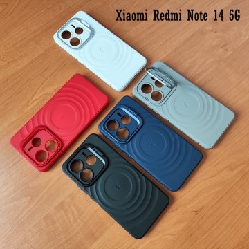 Чохол-накладка з відкидною підставкою для Xiaomi Redmi Note 14 5G, термополіуретан із м'якою підкладкою (флок), алюміній, текстура у вигляді концентричних кіл, відкидна алюмінієва рама блоку камер, підставка для перегляду відео, накладки на кнопки живлення та регулювання гучності, подвійний отвір для кріплення ремінця, Київ, Киев