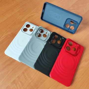 Чохол-накладка з відкидною підставкою для Xiaomi Redmi Note 14 5G, термополіуретан із м'якою підкладкою (флок), алюміній, текстура у вигляді концентричних кіл, відкидна алюмінієва рама блоку камер, підставка для перегляду відео, накладки на кнопки живлення та регулювання гучності, подвійний отвір для кріплення ремінця, Київ, Киев