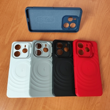 Чохол-накладка з відкидною підставкою для Xiaomi Redmi Note 14 5G, термополіуретан із м'якою підкладкою (флок), алюміній, текстура у вигляді концентричних кіл, відкидна алюмінієва рама блоку камер, підставка для перегляду відео, накладки на кнопки живлення та регулювання гучності, подвійний отвір для кріплення ремінця, Київ, Киев