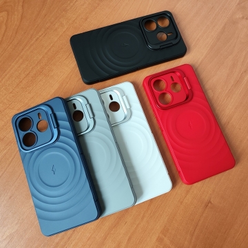 Чохол-накладка з відкидною підставкою для Xiaomi Redmi Note 14 5G, термополіуретан із м'якою підкладкою (флок), алюміній, текстура у вигляді концентричних кіл, відкидна алюмінієва рама блоку камер, підставка для перегляду відео, накладки на кнопки живлення та регулювання гучності, подвійний отвір для кріплення ремінця, Київ, Киев