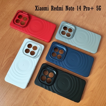 Чохол-накладка з відкидною підставкою для Xiaomi Redmi Note 14 Pro+ 5G, термополіуретан із м'якою підкладкою (флок), алюміній, текстура у вигляді концентричних кіл, відкидна алюмінієва рама блоку камер, підставка для перегляду відео, накладки на кнопки живлення та регулювання гучності, подвійний отвір для кріплення ремінця, Київ, Киев