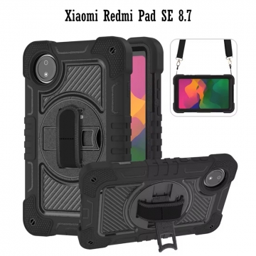 Чохол-накладка з висувною підставкою і ременем для Xiaomi Redmi Pad SE 8.7, полікарбонат + термополіуретан, чохол складається з трьох частин, захист кутів планшета «повітряними подушками», висувна підставка на платформі, яка обертається на 360 градусів, знімний ремінь із застібкою Velcro (липучка), знімний ремінь з регульованою довжиною для носіння на плечі, отвори на задній панелі для додаткового охолодження, вбудована протипилова заглушка для зарядного роз'єма, Київ, Киев