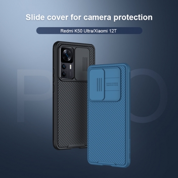 Чехол с защитной шторкой для камеры Nillkin CamShield Pro для смартфона Xiaomi 12T / Xiaomi Redmi K50 Ultra, задняя панель из поликарбоната + рама из термополиуретана, дополнительная защита углов смартфона «воздушными подушками», шторка-слайдер для защиты камеры от механических воздействий, накладки на кнопки регулировки громкости, чёрный, синий, Киев, Київ