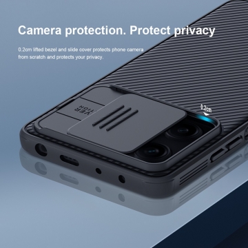 Чехол с защитной шторкой для камеры Nillkin CamShield Pro для смартфона Xiaomi Redmi Note 12 Pro 5G / Xiaomi Poco X5 Pro 5G, задняя панель из поликарбоната + рама из термополиуретана, дополнительная защита углов смартфона «воздушными подушками», шторка-слайдер для защиты камеры от механических воздействий, накладки на кнопки регулировки громкости, чёрный, синий, Киев, Київ