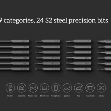 Электрическая отвёртка 24 в 1 Xiaomi Mijia Electric Precision Screwdriver Kit, MJDDLSD003QW, анодированный алюминий, инструментальная легированная сталь S2, твёрдость стали по шкале Роквелла: 60 HRC (твёрдость алмаза 67 HRC), антикоррозийная обработка, 24 магнитные насадки, аккумулятор 350 мА/ч, электромагнитный двигатель, 200 оборотов в минуту, 2 скорости, максимальный крутящий момент 3 Н·м, USB Type-C, световой индикатор, Киев