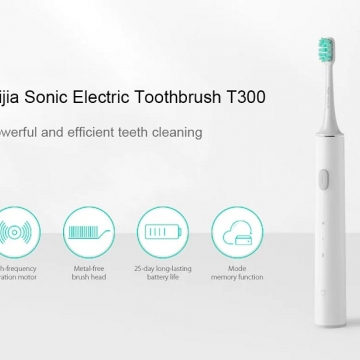 Электрическая зубная щётка Xiaomi Mijia Sonic Electric Toothbrush T300, MES602, ABS пластик, сменные чистящие насадки со щетинками от компании DuPont, 31000 колебаний щетинок в минуту, 2 режима чистки, влагозащита IPX7 (щётку можно мыть в воде), батарея 700 мА/ч, одного заряда хватает до 25 дней, зарядка до 100% за 4 часа, USB Type-C, светодиодная индикация режимов работы и зарядки, белый, Киев