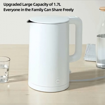 Електричний чайник Xiaomi Mijia Electric Kettle 1S, модель MJDSH03YM, безшовна колба з нержавіючої сталі AISI 304, матовий пластик, двошарова конструкція з повітряним ізоляційним прошарком між колбою і корпусом, запобігає опікам, термостат Strix (Велика Британія), функція підтримування постійної температури 55°, клавіша вмикання з підсвіткою, кнопка на ручці для відкривання кришки, кришка відкривається під кутами 30° та 70°, потрійний захист від уражения електричним струмом, 1,7 л, 1800 Вт, Київ, Киев