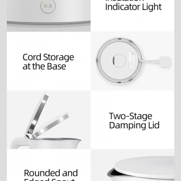 Електричний чайник Xiaomi Mijia Electric Kettle 1S, модель MJDSH03YM, безшовна колба з нержавіючої сталі AISI 304, матовий пластик, двошарова конструкція з повітряним ізоляційним прошарком між колбою і корпусом, запобігає опікам, термостат Strix (Велика Британія), функція підтримування постійної температури 55°, клавіша вмикання з підсвіткою, кнопка на ручці для відкривання кришки, кришка відкривається під кутами 30° та 70°, потрійний захист від уражения електричним струмом, 1,7 л, 1800 Вт, Київ, Киев