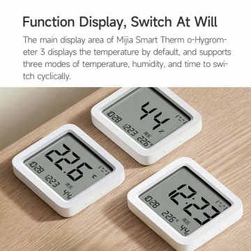 Електронний термометр / гігрометр / годинник Xiaomi Mijia Smart Temperature And Humidity Meter 3 (Xiaomi Mijia Bluetooth Thermometer 3), MJWSDO5MMC, ABS пластик + ПММА (оргскло), LCD дисплей, швейцарські сенсори виміру температури і вологості Sensirion, температура, вологість, час, дата, день тижня, комфорт / дискомфорт за допомогою емодзі, Bluetooth 5.0, Mijia App / Mi Home, Mijia Bluetooth Gateway, веде статистику температури і вологості, батарейка CR2450, Київ, Киев