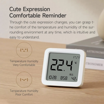 Електронний термометр / гігрометр / годинник Xiaomi Mijia Smart Temperature And Humidity Meter 3 (Xiaomi Mijia Bluetooth Thermometer 3), MJWSDO5MMC, ABS пластик + ПММА (оргскло), LCD дисплей, швейцарські сенсори виміру температури і вологості Sensirion, температура, вологість, час, дата, день тижня, комфорт / дискомфорт за допомогою емодзі, Bluetooth 5.0, Mijia App / Mi Home, Mijia Bluetooth Gateway, веде статистику температури і вологості, батарейка CR2450, Київ, Киев