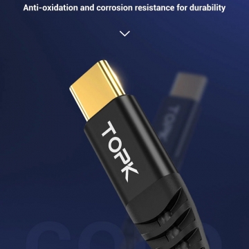 Кабель TOPK 60 Вт (USB Type-C – USB Type-C, луженая медь, термопластичный эластомер и нейлоновая оплётка, разъёмы из алюминиевого сплава, быстрая зарядка Qualcomm Quick Charge 4.0, USB Power Delivery до 60 Вт, скорость передачи данных до 480 Мб/с, Киев