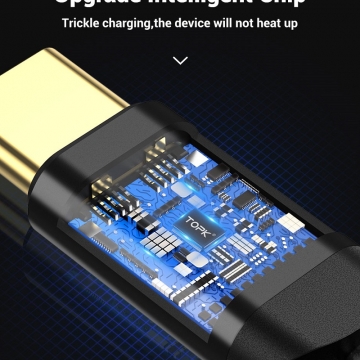 Кабель TOPK 60 Вт (USB Type-C – USB Type-C, луженая медь, термопластичный эластомер и нейлоновая оплётка, разъёмы из алюминиевого сплава, быстрая зарядка Qualcomm Quick Charge 4.0, USB Power Delivery до 60 Вт, скорость передачи данных до 480 Мб/с, Киев