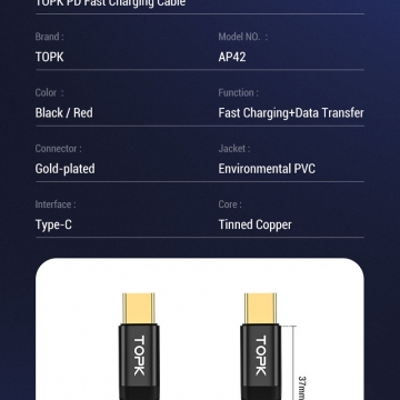 Кабель TOPK 60 Вт (USB Type-C – USB Type-C, луженая медь, термопластичный эластомер и нейлоновая оплётка, разъёмы из алюминиевого сплава, быстрая зарядка Qualcomm Quick Charge 4.0, USB Power Delivery до 60 Вт, скорость передачи данных до 480 Мб/с, Киев