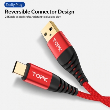 Кабель TOPK (USB – USB Type-C) для зарядки и передачи данных, луженая медь, термопластичный эластомер и нейлоновая оплётка, разъёмы из алюминиевого сплава, поддерживает быструю зарядку Qualcomm Quick Charge 3.0 (для устройств с функцией быстрой зарядки), встроенный смарт-чип, длина 1 м, чёрный, красный, синий, фабричная упаковка, Киев