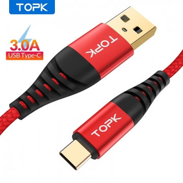 Кабель TOPK (USB – USB Type-C) для зарядки и передачи данных, луженая медь, термопластичный эластомер и нейлоновая оплётка, разъёмы из алюминиевого сплава, поддерживает быструю зарядку Qualcomm Quick Charge 3.0 (для устройств с функцией быстрой зарядки), встроенный смарт-чип, длина 1 м, чёрный, красный, синий, фабричная упаковка, Киев