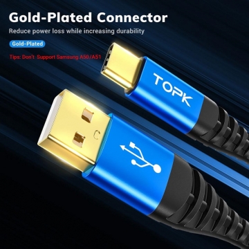 Кабель TOPK (USB – USB Type-C) для зарядки и передачи данных, луженая медь, термопластичный эластомер и нейлоновая оплётка, разъёмы из алюминиевого сплава, поддерживает быструю зарядку Qualcomm Quick Charge 3.0 (для устройств с функцией быстрой зарядки), встроенный смарт-чип, длина 0,5 м, чёрный, красный, синий, фабричная упаковка, Киев