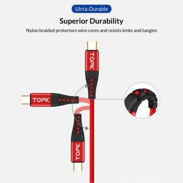 Кабель TOPK (USB – USB Type-C) для зарядки и передачи данных, луженая медь, термопластичный эластомер и нейлоновая оплётка, разъёмы из алюминиевого сплава, поддерживает быструю зарядку Qualcomm Quick Charge 3.0 (для устройств с функцией быстрой зарядки), встроенный смарт-чип, длина 0,5 м, чёрный, красный, синий, фабричная упаковка, Киев