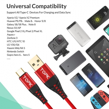 Кабель TOPK (USB – USB Type-C) для зарядки и передачи данных, луженая медь, термопластичный эластомер и нейлоновая оплётка, разъёмы из алюминиевого сплава, поддерживает быструю зарядку Qualcomm Quick Charge 3.0 (для устройств с функцией быстрой зарядки), встроенный смарт-чип, длина 0,5 м, чёрный, красный, синий, фабричная упаковка, Киев