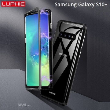 Магнитный чехол Luphie с задней стеклянной панелью для смартфона Samsung Galaxy S10+, Samsung Galaxy S10 Plus, противоударный бампер, рама из магналия, сплав алюминия и магния, задняя панель из закалённого стекла, бронированное стекло, соединяются магнитами, 9H, не влияет на качество приёма / передачи сигнала, не мешает беспроводной зарядке, чёрный, чёрный + синий, чёрный + красный, золотой, серебряный, Киев