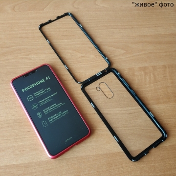 Магнитный чехол Luphie с задней стеклянной панелью для смартфона Xiaomi Pocophone F1 / Xiaomi Poco F1, противоударный бампер, рама из магналия, сплав алюминия и магния, задняя панель из закалённого стекла, бронированное стекло, соединяются магнитами, 9H, не влияет на качество приёма / передачи сигнала, не мешает беспроводной зарядке, чёрный, синий, красный, Киев