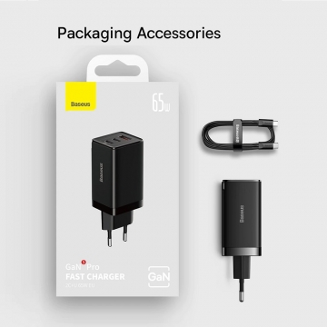 Мережевий зарядний пристрій Baseus GaN 5 Pro Quick Charger 65 Вт (USB Type-C + USB Type-C + USB) + кабель 100 Вт, для зарядки ноутбуків, CCGAN65E5, поддержка одновременной зарядки трёх устройств, Qualcomm Quick Charge 4+, Quick Charge 3.0, USB Power Delivery 3.0, PPS, SCP, FCP, AFC, APPLE 2.4A, PE+, смарт-чип Baseus Power Split II, охлаждение Baseus Cooling Technology, 6-уровневая защита, кабель Baseus 100 Вт, Київ, Киев