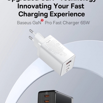 Мережевий зарядний пристрій Baseus GaN 5 Pro Quick Charger 65 Вт (USB Type-C + USB Type-C + USB) + кабель 100 Вт, для зарядки ноутбуків, CCGAN65E5, поддержка одновременной зарядки трёх устройств, Qualcomm Quick Charge 4+, Quick Charge 3.0, USB Power Delivery 3.0, PPS, SCP, FCP, AFC, APPLE 2.4A, PE+, смарт-чип Baseus Power Split II, охлаждение Baseus Cooling Technology, 6-уровневая защита, кабель Baseus 100 Вт, Київ, Киев