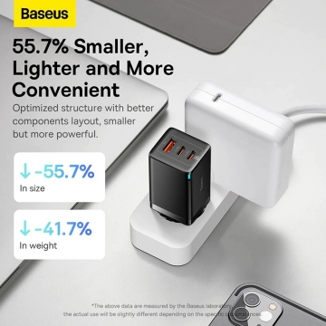 Мережевий зарядний пристрій Baseus GaN 5 Pro Quick Charger 65 Вт (USB Type-C + USB Type-C + USB) + кабель 100 Вт, для зарядки ноутбуків, CCGAN65E5, поддержка одновременной зарядки трёх устройств, Qualcomm Quick Charge 4+, Quick Charge 3.0, USB Power Delivery 3.0, PPS, SCP, FCP, AFC, APPLE 2.4A, PE+, смарт-чип Baseus Power Split II, охлаждение Baseus Cooling Technology, 6-уровневая защита, кабель Baseus 100 Вт, Київ, Киев