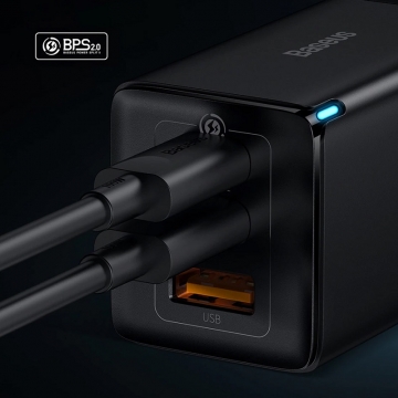 Мережевий зарядний пристрій Baseus GaN 5 Pro Quick Charger 65 Вт (USB Type-C + USB Type-C + USB) + кабель 100 Вт, для зарядки ноутбуків, CCGAN65E5, поддержка одновременной зарядки трёх устройств, Qualcomm Quick Charge 4+, Quick Charge 3.0, USB Power Delivery 3.0, PPS, SCP, FCP, AFC, APPLE 2.4A, PE+, смарт-чип Baseus Power Split II, охлаждение Baseus Cooling Technology, 6-уровневая защита, кабель Baseus 100 Вт, Київ, Киев