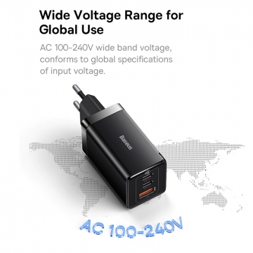 Мережевий зарядний пристрій Baseus GaN 5 Pro Quick Charger 65 Вт (USB Type-C + USB Type-C + USB) + кабель 100 Вт, для зарядки ноутбуків, CCGAN65E5, поддержка одновременной зарядки трёх устройств, Qualcomm Quick Charge 4+, Quick Charge 3.0, USB Power Delivery 3.0, PPS, SCP, FCP, AFC, APPLE 2.4A, PE+, смарт-чип Baseus Power Split II, охлаждение Baseus Cooling Technology, 6-уровневая защита, кабель Baseus 100 Вт, Київ, Киев