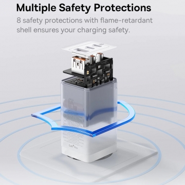Мережевий зарядний пристрій Baseus GaN 5 Pro Quick Charger 65 Вт (USB Type-C + USB Type-C + USB) + кабель 100 Вт, для зарядки ноутбуків, CCGAN65E5, поддержка одновременной зарядки трёх устройств, Qualcomm Quick Charge 4+, Quick Charge 3.0, USB Power Delivery 3.0, PPS, SCP, FCP, AFC, APPLE 2.4A, PE+, смарт-чип Baseus Power Split II, охлаждение Baseus Cooling Technology, 6-уровневая защита, кабель Baseus 100 Вт, Київ, Киев