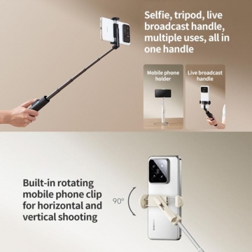 Монопод / штатив для селфі Xiaomi Selfie Stick Mini Version, модель XMZJZPGO2YM, сплав на основі анодованого алюмінія, монопод (селфі-палка), трипод (штатив), телескопічна конструкція, яка трансформується у штатив (ніжки штатива сховані в корпусі), силіконові накладки на ніжки проти ковзання, тримач для смартфона з поворотним механізмом на 90° вліво і на 90° вправо, знімний bluetooth пульт ДК, світловий індикатор на пульті, CR1632, розкладається на 520 мм, Київ, Киев