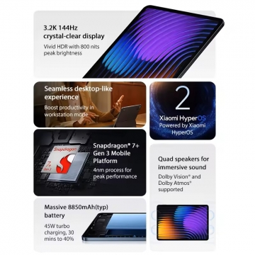 Планшетний комп'ютер Xiaomi Pad 7 (8 + 256 Гб, Global Version), металевий корпус, Snapdragon 7+ Gen 3, 8 Гб RAM + 256 Гб ROM, екран 11,2'' IPS, 12 біт, 144 Гц, камера 13 МП, селфі камера 8 МП, акумулятор 8850 мА/г / 45 Вт, Wi-Fi 6e, Bluetooth 5.4, OTG, USB Type-C 3.2, 4 стереодинаміка, HyperOS 2, Android 15, УКРАЇНСЬКА МОВА, GOOGLE PLAY, 2410CRP4CG, AAC LDAC LHDC 5.0, Hi-Res Audio, Hi-Res Audio Wireless, Dolby Atmos, HDR 10, Dolby Vision, ІЧ порт, Київ, Киев