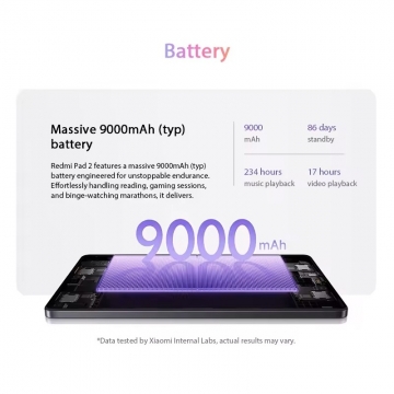Планшетний комп’ютер Xiaomi Redmi Pad 2 Wi-Fi (8 + 256 Гб, Global Version), 25040RP0AG, металевий корпус, MediaTek Helio G100-Ultra, оперативна пам’ять 8 Гб (LPDDR4X), постійна пам’ять 256 Гб (UFS 2.2), слот для карт пам'яті до 2 Тб, екран 11'' 2,5K IPS, 10 біт, частота 90 Гц, основна камера: 8 МП, Wi-Fi 5, Bluetooth 5.3, OTG, AAC / SBC / LDAC, чотири стереодинаміка, Dolby Atmos, підтримка стилуса Redmi Smart Pen, акумулятор 9000 мА/г, USB Type-C, аудіоджек 3,5 мм, HyperOS 2, Android 15, Київ, Киев