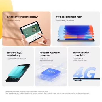 Планшетний комп’ютер Xiaomi Redmi Pad SE 8.7 4G (6 + 128 Гб, Global Version), пластиковий корпус, 2 SIM-карти, 4G LTE, голосові виклики, Helio G85, 6 Гб RAM + 128 Гб ROM, 8,7'' IPS LCD 1340 * 800, 10 біт, 90 Гц, основна камера 8 МП, селфі камера 5 МП, акумулятор 6650 мА/г, 18 Вт, Wi-Fi, Bluetooth 5.3, GPS, OTG, ІЧ порт, USB Type-C, стереодинаміки, 3,5 мм аудіоджек, HyperOS, Android 14, УКРАЇНСЬКА МОВА, GOOGLE PLAY, Київ, Киев