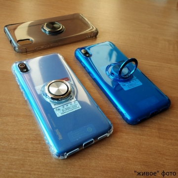 Прозрачный чехол-накладка с магнитным кольцом для Xiaomi RedMi 7A, противоударный бампер, термополиуретан TPU, дополнительная защита углов смартфона «воздушными подушками», накладки на кнопки регулировки громкости и включения / выключения, кольцо для пальца, кольцо-подставка для просмотре видео, магнитное кольцо крепится к автомобильным магнитным держателям, прозрачный, прозрачный с чёрным оттенком, прозрачный с синим оттенком, прозрачный с красным оттенком, Киев