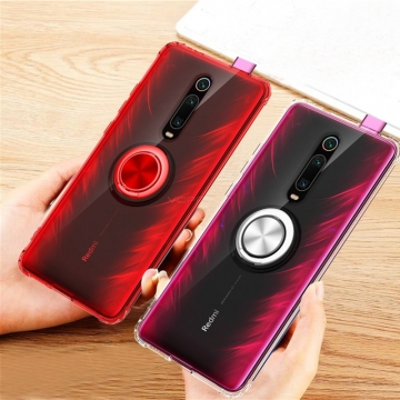 Прозрачный чехол-накладка с магнитным кольцом для Xiaomi Redmi K20 / Xiaomi Redmi K20 Pro / Xiaomi Mi9T / Xiaomi Mi9T Pro, термополиуретан TPU, дополнительная защита углов смартфона «воздушными подушками», накладки на кнопки регулировки громкости и включения / выключения, кольцо для пальца, кольцо-подставка для просмотре видео, магнитное кольцо крепится к автомобильным магнитным держателям, прозрачный, прозрачный с чёрным оттенком, прозрачный с синим оттенком, прозрачный с красным оттенком, Киев