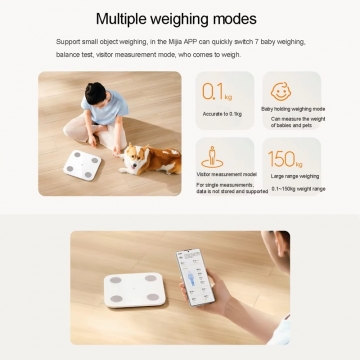Характеристики розумних вагів Xiaomi Mijia Body Fat Scale S400, модель MJTZC01YM, загартоване скло, ABS пластик, 4 круглих електрода з нержавіючої сталі на поверхні, діапазон вимірювання ваги 100 г – 150 кг, керування Mi Home, вимірюють 25 показників (на основі зважування та двочастотного біоімпедансного аналіза), режим зважування малюка або хатньої тварини, легкі об’єкти від 100 г, контроль балансу тіла, гостьовий режим, параметри 36 людей, дисплей, bluetooth 5.0, Київ, Киев