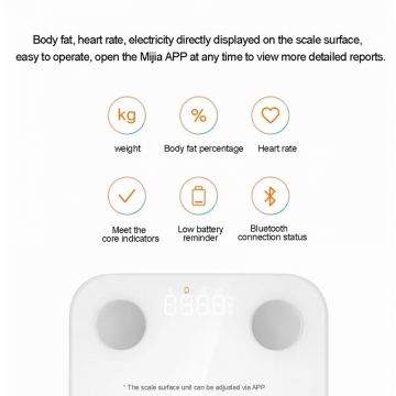 Характеристики розумних вагів Xiaomi Mijia Body Fat Scale S400, модель MJTZC01YM, загартоване скло, ABS пластик, 4 круглих електрода з нержавіючої сталі на поверхні, діапазон вимірювання ваги 100 г – 150 кг, керування Mi Home, вимірюють 25 показників (на основі зважування та двочастотного біоімпедансного аналіза), режим зважування малюка або хатньої тварини, легкі об’єкти від 100 г, контроль балансу тіла, гостьовий режим, параметри 36 людей, дисплей, bluetooth 5.0, Київ, Киев