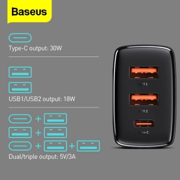 Сетевое зарядное устройство Baseus Compact Quick Charger 30 Вт (USB + USB + USB Type-C), CCXJ-E01, CCXJ-E02, материал корпуса: негорючий пластик, поддержка одновременной зарядки трёх устройств, порт USB Type-C поддерживает быструю зарядку и USB Power Delivery 3.0 до 30 Вт, совместимость с большинством стандартов быстрой зарядки, умная зарядка (автоматический подбор параметров зарядки для различных устройств), многоуровневая защита от замыканий, перегрузок, перегрева и т. п., Киев