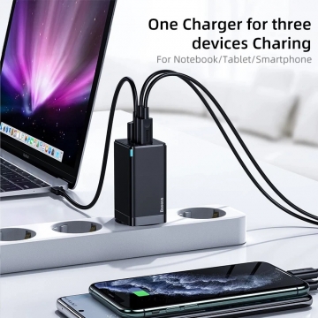 Сетевое зарядное устройство Baseus GaN 2 Pro Quick Charger 65 Вт (USB Type-C + USB Type-C + USB) + кабель 100 Вт, CCGAN65E2, нитрид галлия (GaN), поддержка одновременной зарядки трёх устройств, Qualcomm Quick Charge 4+, Quick Charge 3.0, USB Power Delivery 3.0, SCP, FCP, AFC, PE+, встроенный смарт-чип, технология BPS II (Baseus Power Split II), система охлаждения BCT (Baseus Cooling Technology), 6-уровневая защита от замыканий, перегрузок, перегрева и т. п., световой индикатор, чёрный, белый, Киев