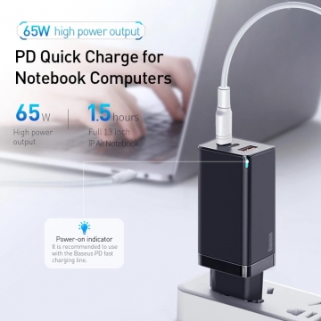 Сетевое зарядное устройство Baseus GaN 2 Pro Quick Charger 65 Вт (USB Type-C + USB Type-C + USB) + кабель 100 Вт, CCGAN65E2, нитрид галлия (GaN), поддержка одновременной зарядки трёх устройств, Qualcomm Quick Charge 4+, Quick Charge 3.0, USB Power Delivery 3.0, SCP, FCP, AFC, PE+, встроенный смарт-чип, технология BPS II (Baseus Power Split II), система охлаждения BCT (Baseus Cooling Technology), 6-уровневая защита от замыканий, перегрузок, перегрева и т. п., световой индикатор, чёрный, белый, Киев