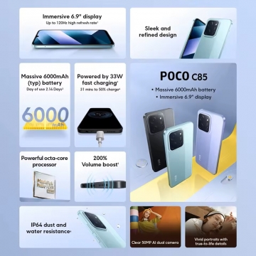 Смартфон Xiaomi Poco C85 NFC (6 + 128 Гб, Global Version), 2 SIM-карти, 4G LTE, Helio G81-Ultra, 6 Гб RAM + 128 Гб ROM, екран 6,9'' IPS 1600 * 720, 120 Гц, камера 50 МП, акумулятор 6000 мА/г / 33 Вт, сканер відбитків пальців, Wi-Fi, Bluetooth 5.4, GPS, NFC / Google Pay, OTG, USB Type-C, 3,5 мм аудіоджек, HyperOS 2, Android 15, УКРАЇНСЬКА МОВА, GOOGLE PLAY, Київ, Киев