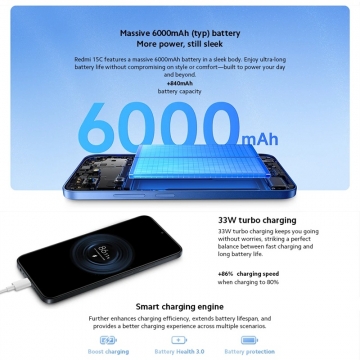 Смартфон Xiaomi Redmi 15C NFC (8 + 256 Гб, Global Version), 2 SIM-карти, 4G LTE, Helio G81-Ultra, 8 Гб RAM + 256 Гб ROM, екран 6,9'' IPS 1600 * 720, 120 Гц, камера 50 МП, акумулятор 6000 мА/г / 33 Вт, сканер відбитків пальців, Wi-Fi, Bluetooth 5.4, GPS, NFC / Google Pay, OTG, USB Type-C, 3,5 мм аудіоджек, HyperOS 2, Android 15, УКРАЇНСЬКА МОВА, GOOGLE PLAY, Київ, Киев