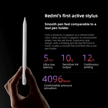 Характеристики стилуса Redmi Smart Pen Redmi Stylus для Xiaomi Redmi Pad 2, Xiaomi Redmi Pad Pro та Xiaomi Poco Pad, 24048MP07G, чутливість до тиску 4096 рівнів, частота дискретизації 240 Гц, Bluetooth 5.1, 2 функціональні кнопки, аккумулятор: 80 мА/г (до 12 годин роботи від повного заряду), USB Type-C, Київ, Киев