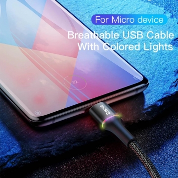 Светящийся кабель Baseus Halo (USB – microUSB), луженая медь, термопластичный эластомер и нейлоновая оплётка высокой плотности, разъёмы из алюминиевого сплава, светящееся кольцо вокруг коннектора microUSB светится при зарядке разными цветами, быстрая зарядка Qualcomm Quick Charge 3.0, максимальный ток зарядки: 3 А, скорость передачи данных до 480 Мб/с, встроенный смарт-чип для безопасной быстрой зарядки, застёжка Velcro (липучка), длина кабеля 50 см, чёрный, красный, Киев