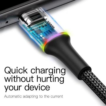 Светящийся кабель Baseus Halo (USB – USB Type-C), луженая медь, термопластичный эластомер и нейлоновая оплётка высокой плотности, разъёмы из алюминиевого сплава, светитящееся кольцо вокруг коннектора USB Type-C свтится при зарядке разными цветами, быстрая зарядка Qualcomm Quick Charge 3.0, параметры зарядки заряжаемых устройств: 9 В / 2 А, 5 В / 3 А, скорость передачи данных до 480 Мб/с, встроенный смарт-чип для безопасной быстрой зарядки, застёжка Velcro (липучка), длина кабеля 1 м, чёрный, красный, Киев