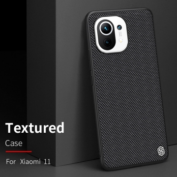 Текстурированный чехол-накладка Nillkin для смартфона Xiaomi Mi 11, textured case, противоударный бампер, рифлёный пластик с нейлоновым волокном, рама из термополиуретана, логотип Nillkin, двойное отверстие для крепления ремешка, чёрный, Киев