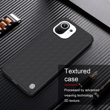 Текстурированный чехол-накладка Nillkin для смартфона Xiaomi Mi 11, textured case, противоударный бампер, рифлёный пластик с нейлоновым волокном, рама из термополиуретана, логотип Nillkin, двойное отверстие для крепления ремешка, чёрный, Киев